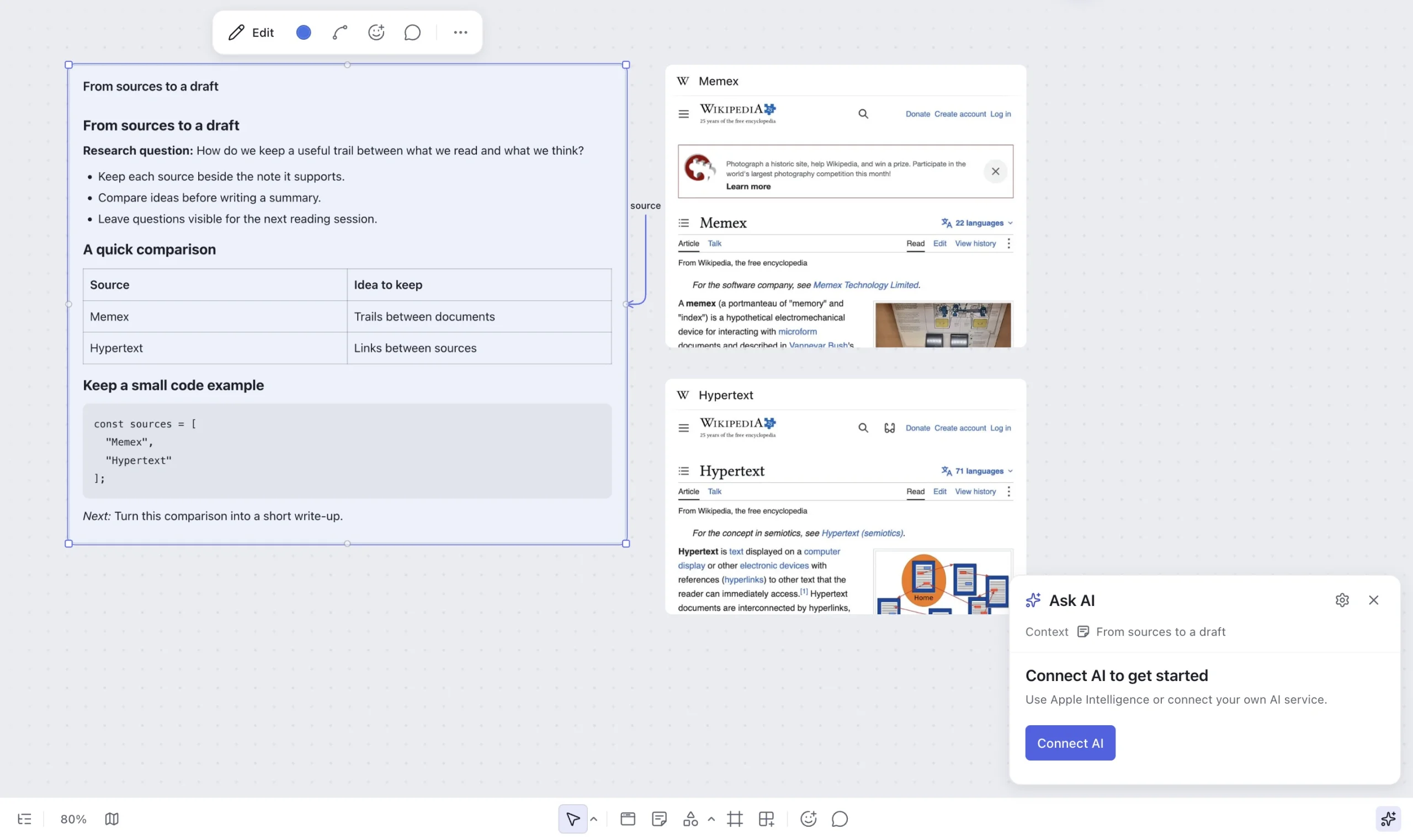 Boardser for Mac with a selected research note and the optional AI panel showing its context and Connect AI setup.
