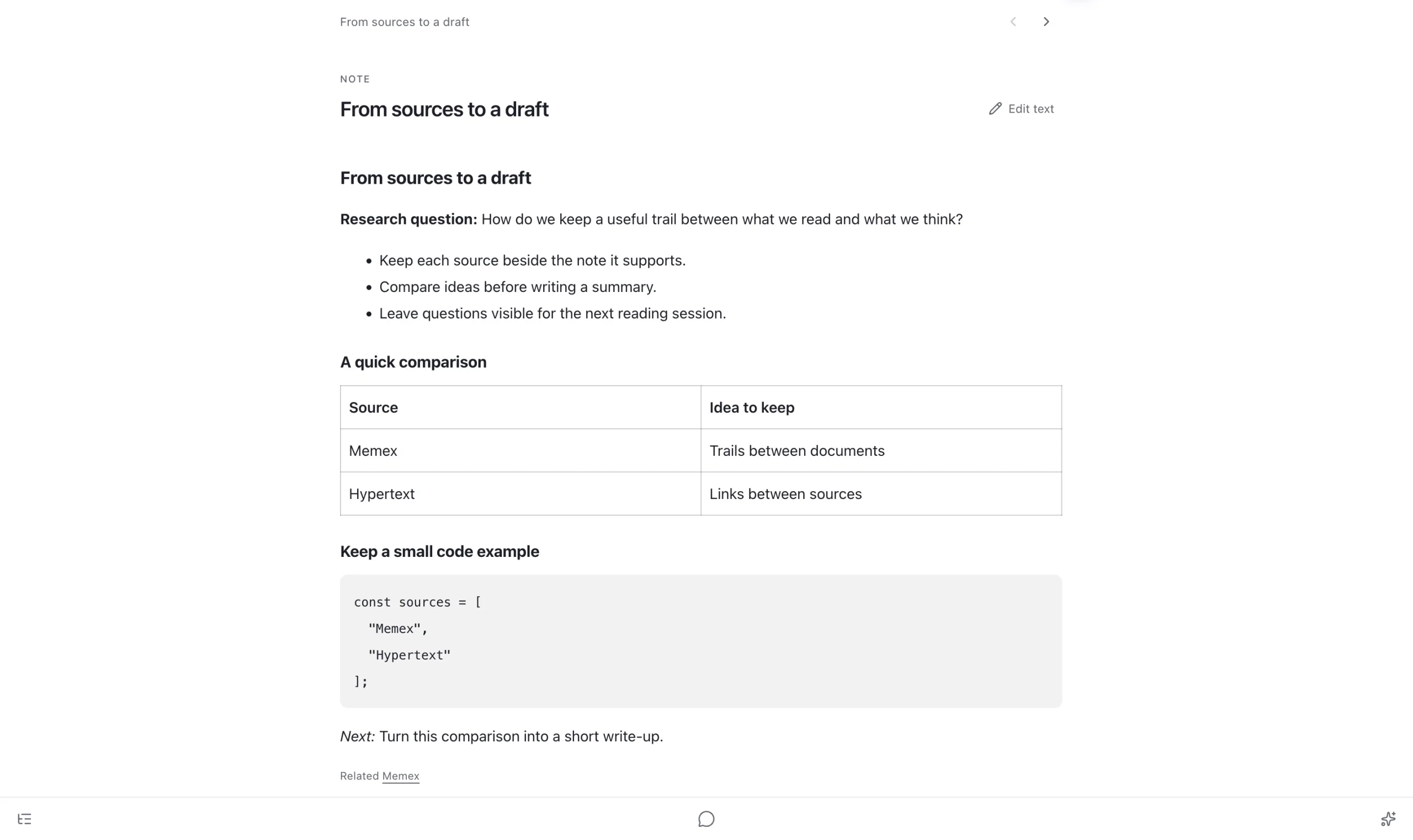 Boardser's Doc view reading a research note with headings, a list, a comparison table, and a code block.