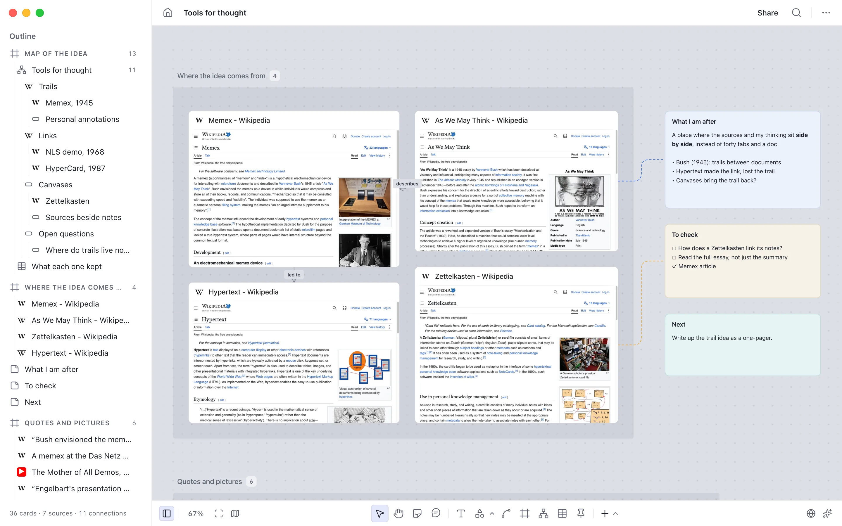 Boardser for Mac with a board called Tools for thought: live Wikipedia articles on the Memex, As We May Think, Hypertext, and the Zettelkasten, three notes connected to them, and the outline in the sidebar.