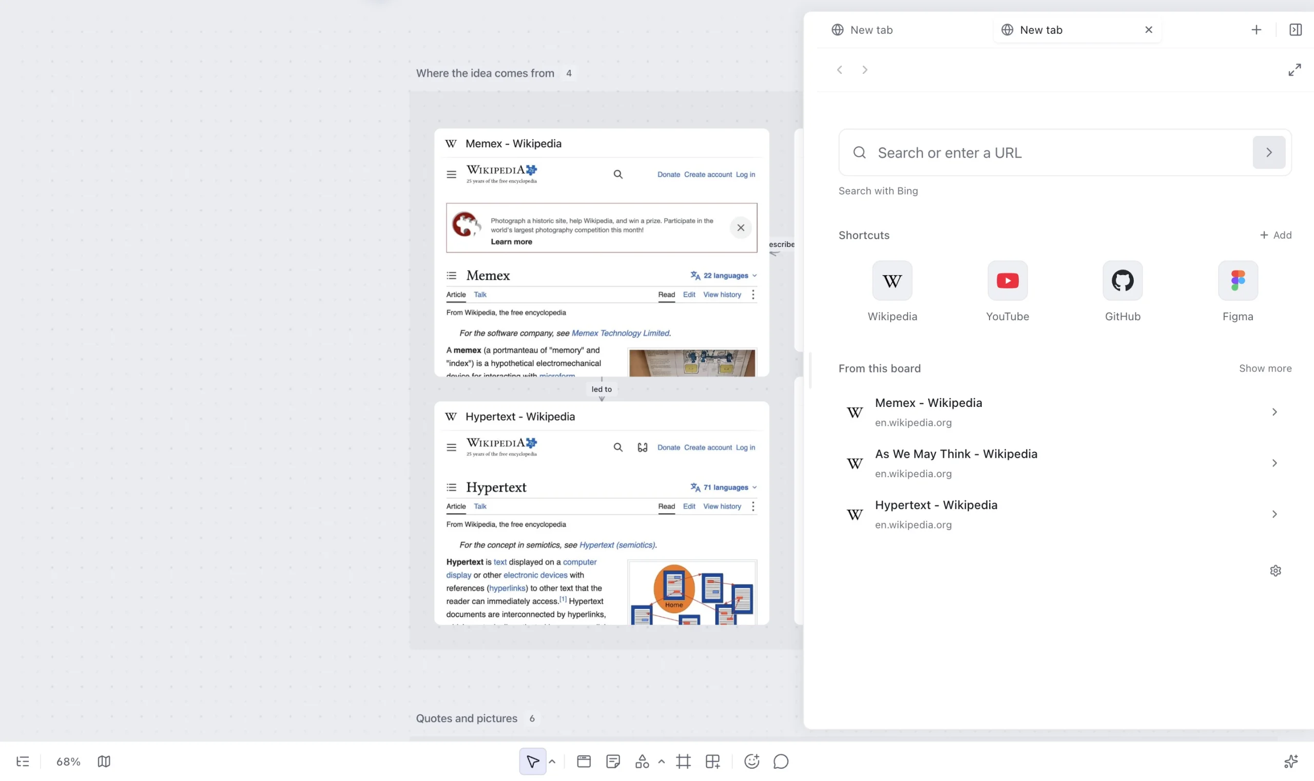 Side Peek beside a research canvas, with two browser tabs and a new-tab page that offers search and start-page customization.